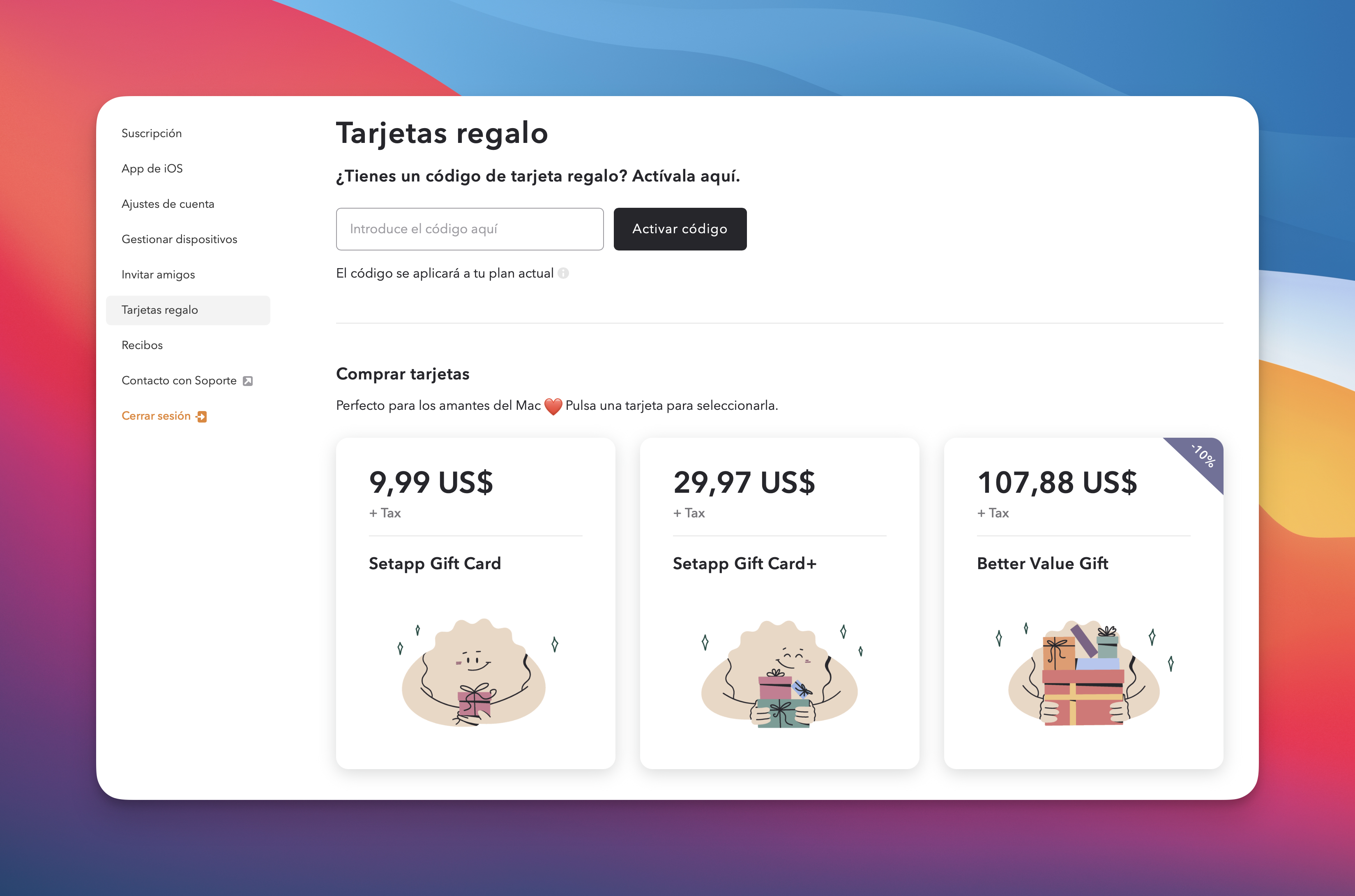La captura muestra la sección Tarjetas regalo con un campo para introducir un código y un botón Activar código. Debajo se ofrecen tres opciones de compra de tarjetas con diferentes precios y dibujos de personajes sosteniendo regalos.