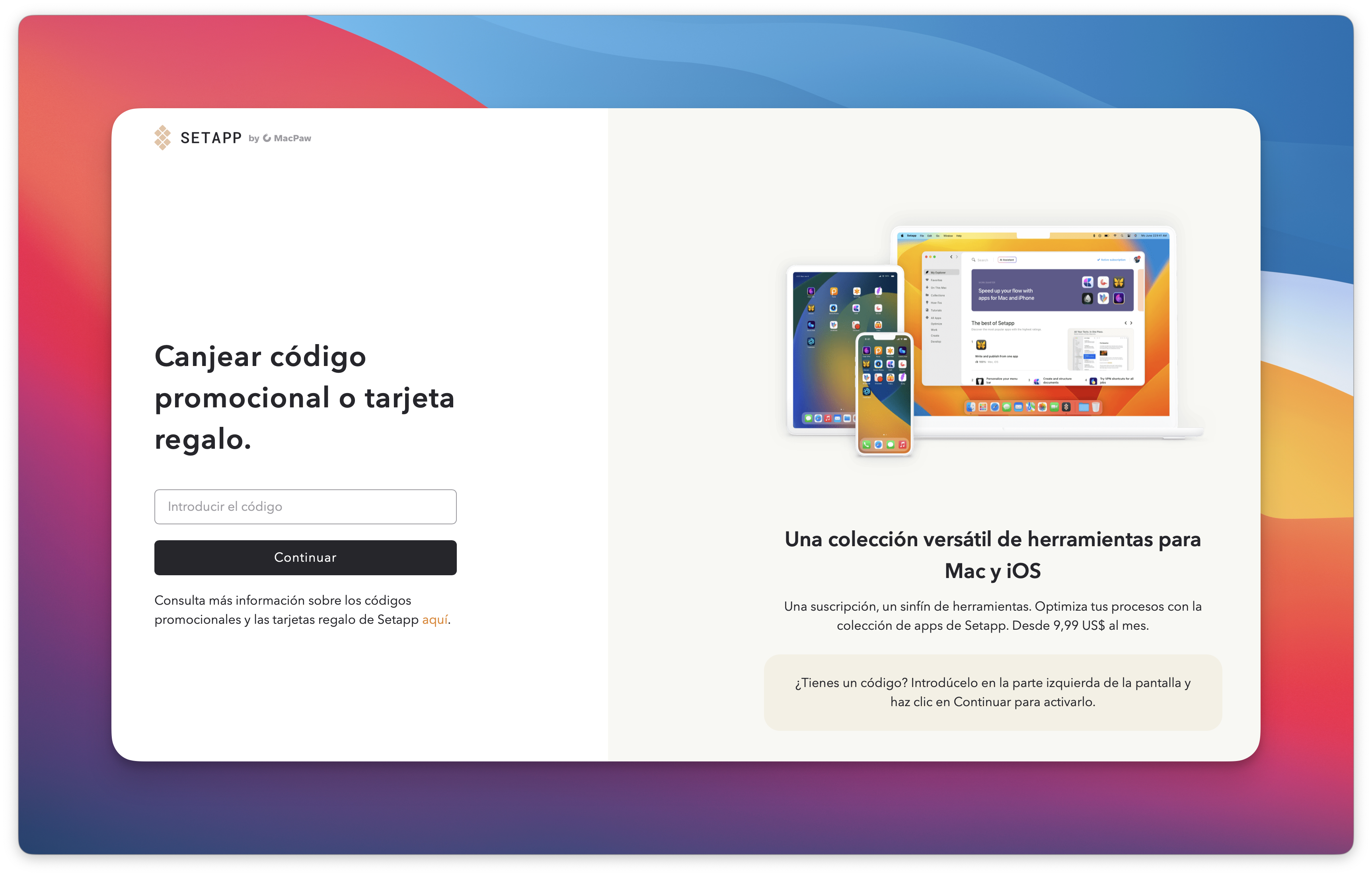 La captura muestra la página para canjear un código promocional o tarjeta regalo, con un campo de texto y el botón Continuar a la izquierda, y una imagen de dispositivos Apple con información sobre la suscripción a la derecha.