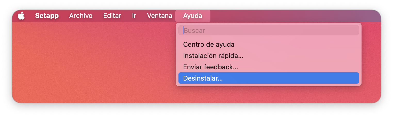 La captura muestra el menú Ayuda abierto en la barra superior de macOS, con la opción Desinstalar resaltada en azul al final de la lista.
