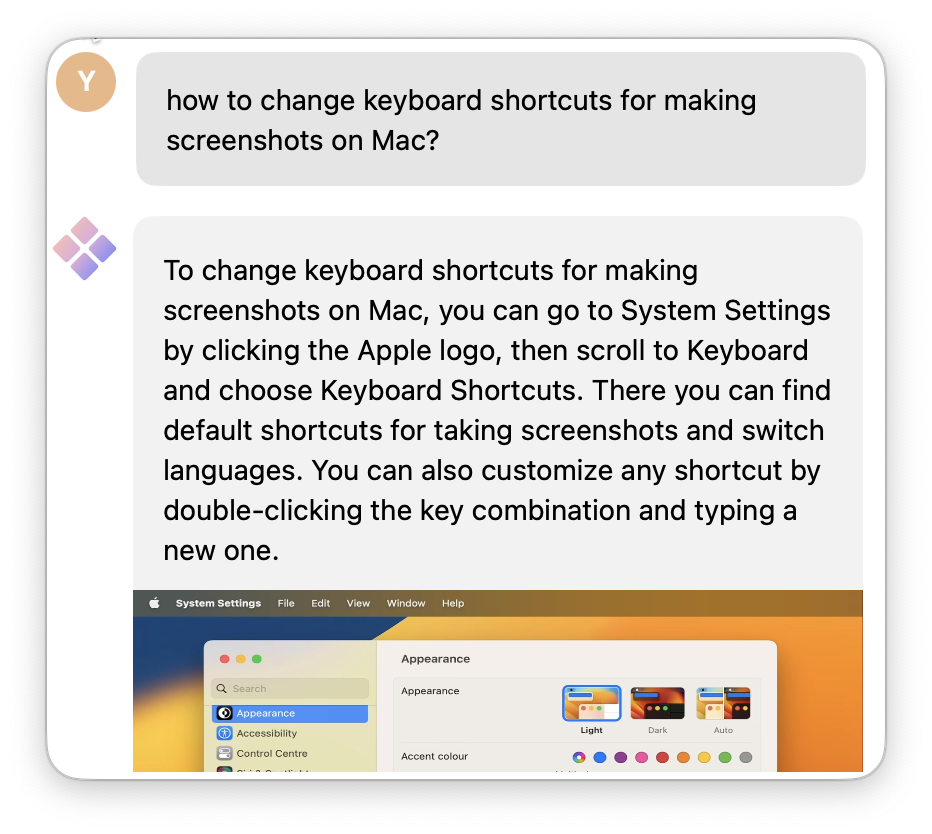 La captura muestra una solicitud: ¿Cómo cambiar los atajos de teclado para hacer capturas de pantalla en Mac? El Asistente de IA responde.