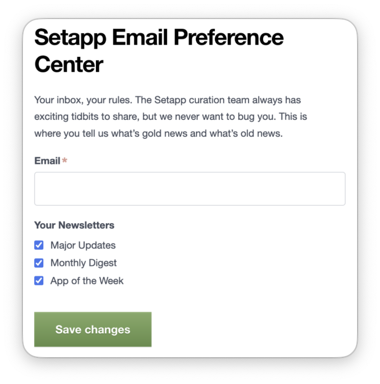 La captura muestra el Centro de preferencias de correo electrónico de Setapp con las tres opciones de newsletter (Actualizaciones importantes, Digest mensual y App de la semana) marcadas.
