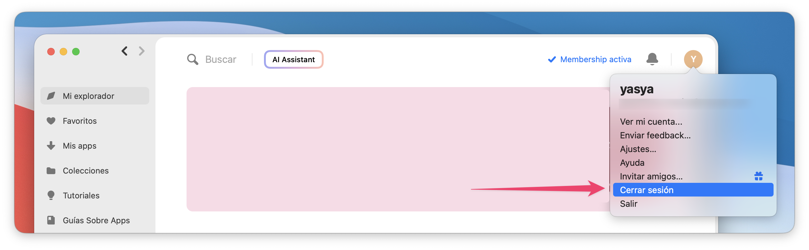 La captura muestra el menú desplegable de la cuenta en la interfaz de Setapp con la opción “Cerrar sesión” resaltada.