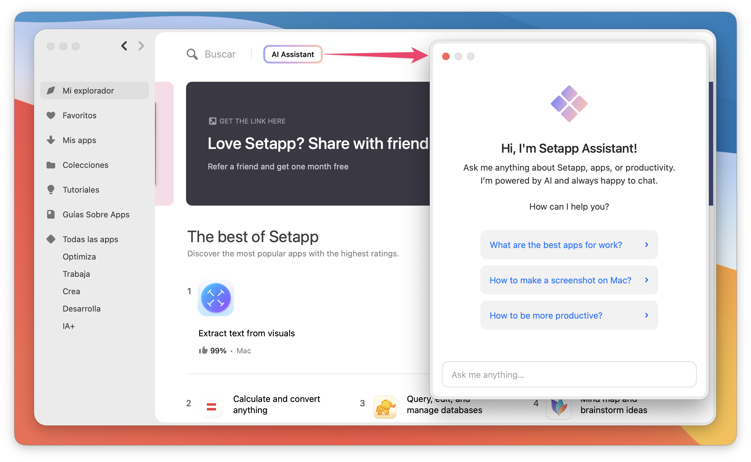 La captura muestra la apertura del “Asistente de Setapp” después de hacer clic en el botón “AI Assistant” en la interfaz.