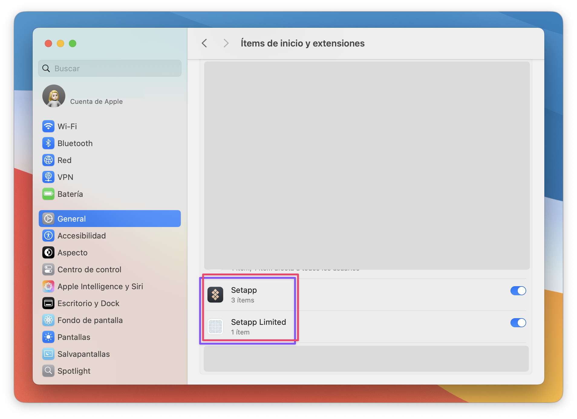 La captura muestra los ajustes de “Ítems de inicio y extensiones” en macOS, con los ítems “Setapp” y “Setapp Limited” resaltados y activados.