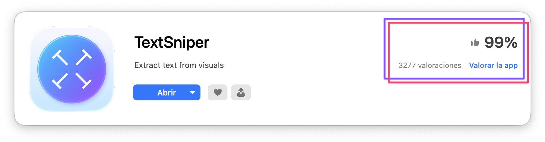 La captura muestra la página de la app Lungo con una valoración del 99 % y 1485 valoraciones, destacando el enlace “Valorar la app”.