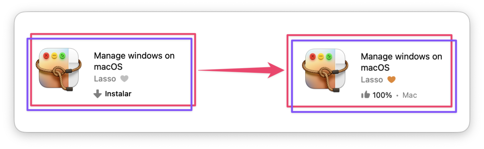 La captura muestra la app Lasso antes y después de marcarse como favorita (el icono del corazón cambia de gris a naranja).