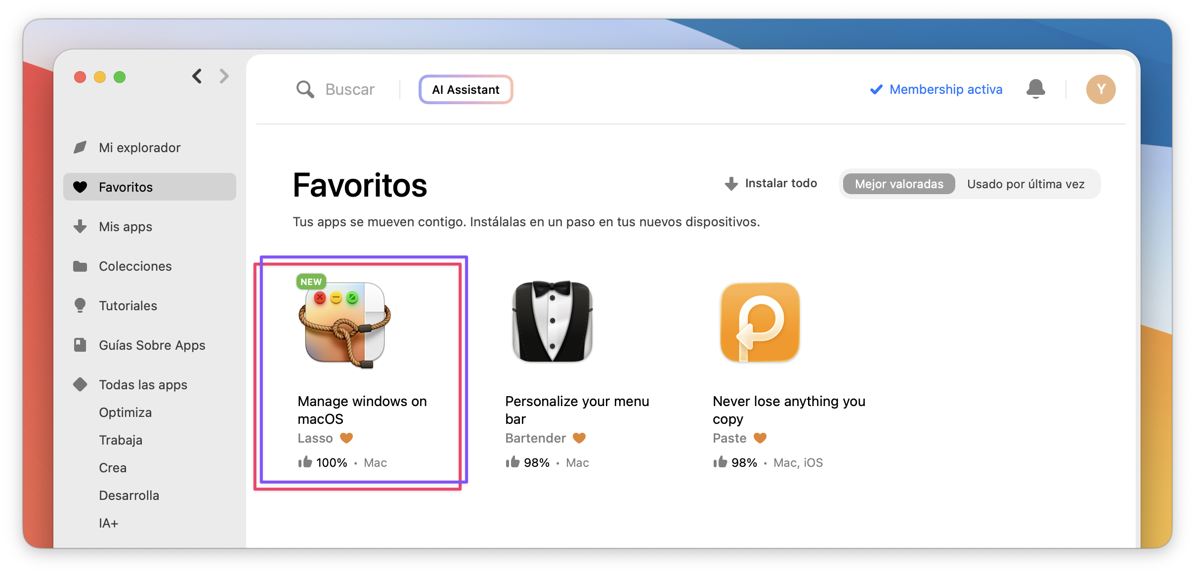La captura muestra la sección Favoritos, con la app Lasso listada y el botón “Instalar todo” visible.