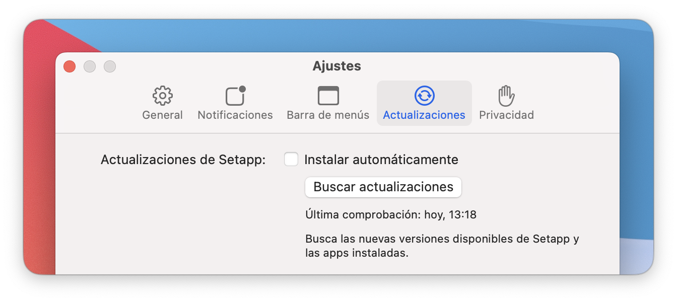 La captura muestra la pestaña Actualizaciones en los ajustes de Setapp con el botón “Buscar actualizaciones” y la marca de tiempo de la última comprobación.