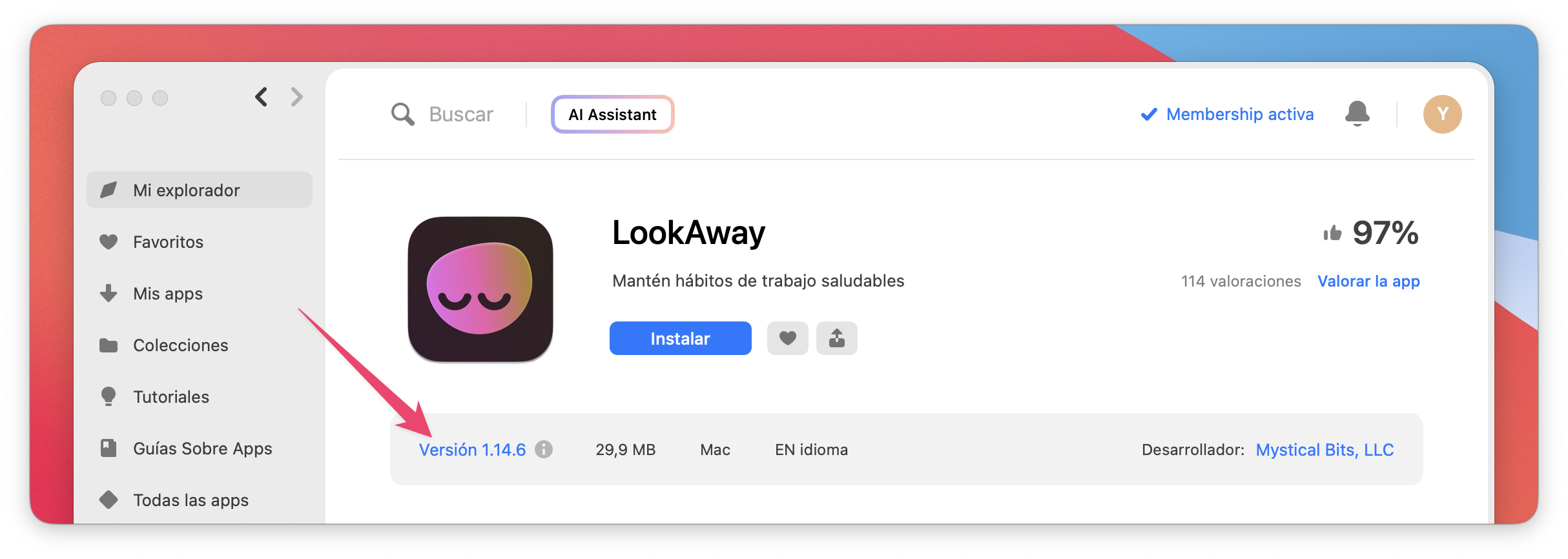 La captura muestra la página de la app LookAway con el número de versión actual resaltado como Versión 1.14.6.