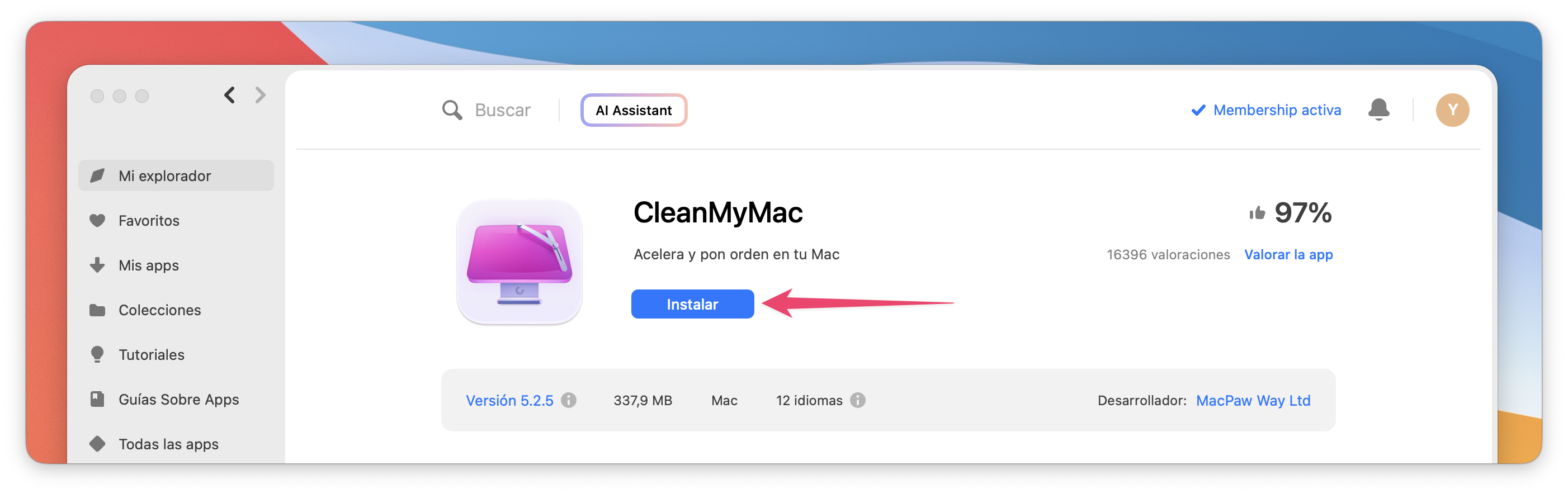 Captura de pantalla de la página de la app CleanMyMac con el botón azul "Instalar" resaltado.