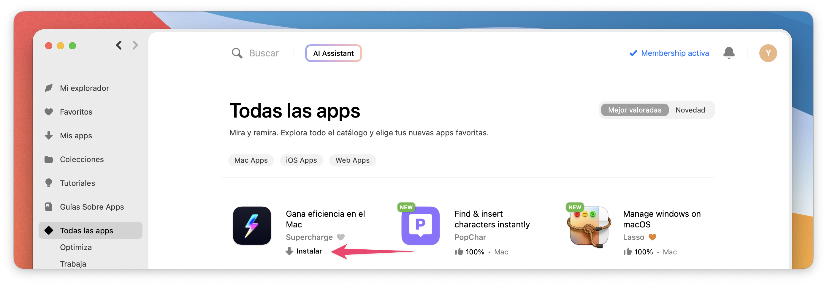 Captura de pantalla de la sección Todas las apps mostrando el mosaico de la app Supercharge con el cursor sobre el botón "Instalar".