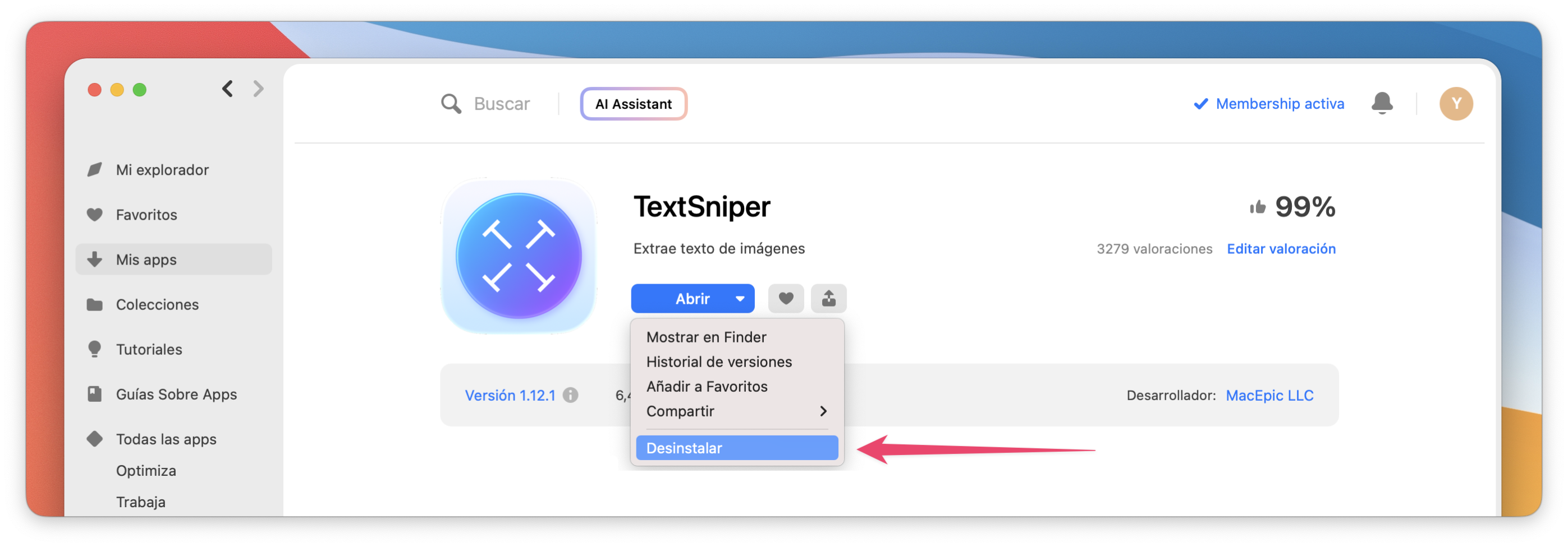 Captura de pantalla que muestra la página de una app con el menú contextual abierto, destacando la opción “Desinstalar”.
