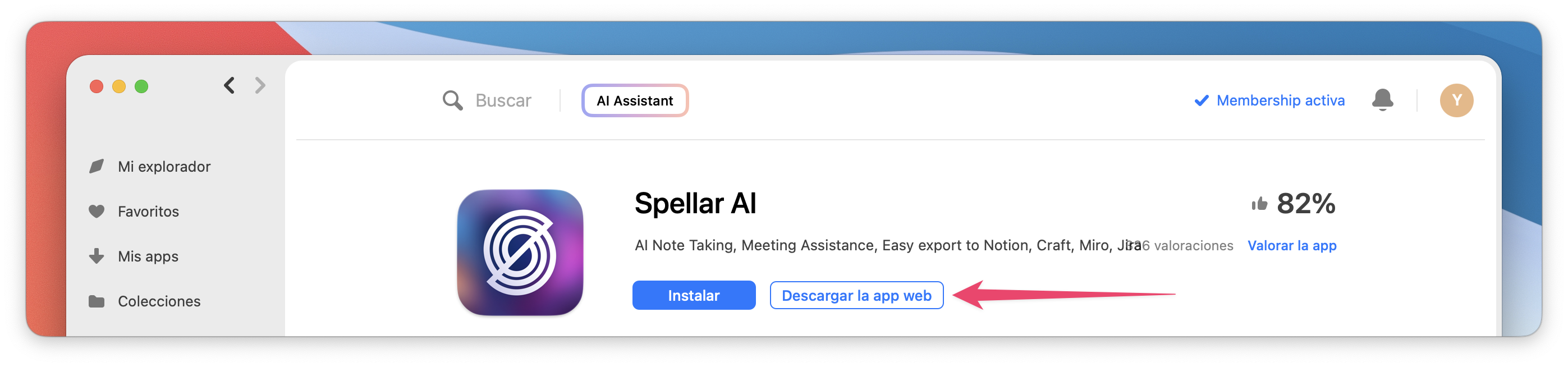 La captura de pantalla muestra la página de la app Spellar AI en Setapp con un botón “Instalar” visible y el botón “Descargar la app web” resaltado.