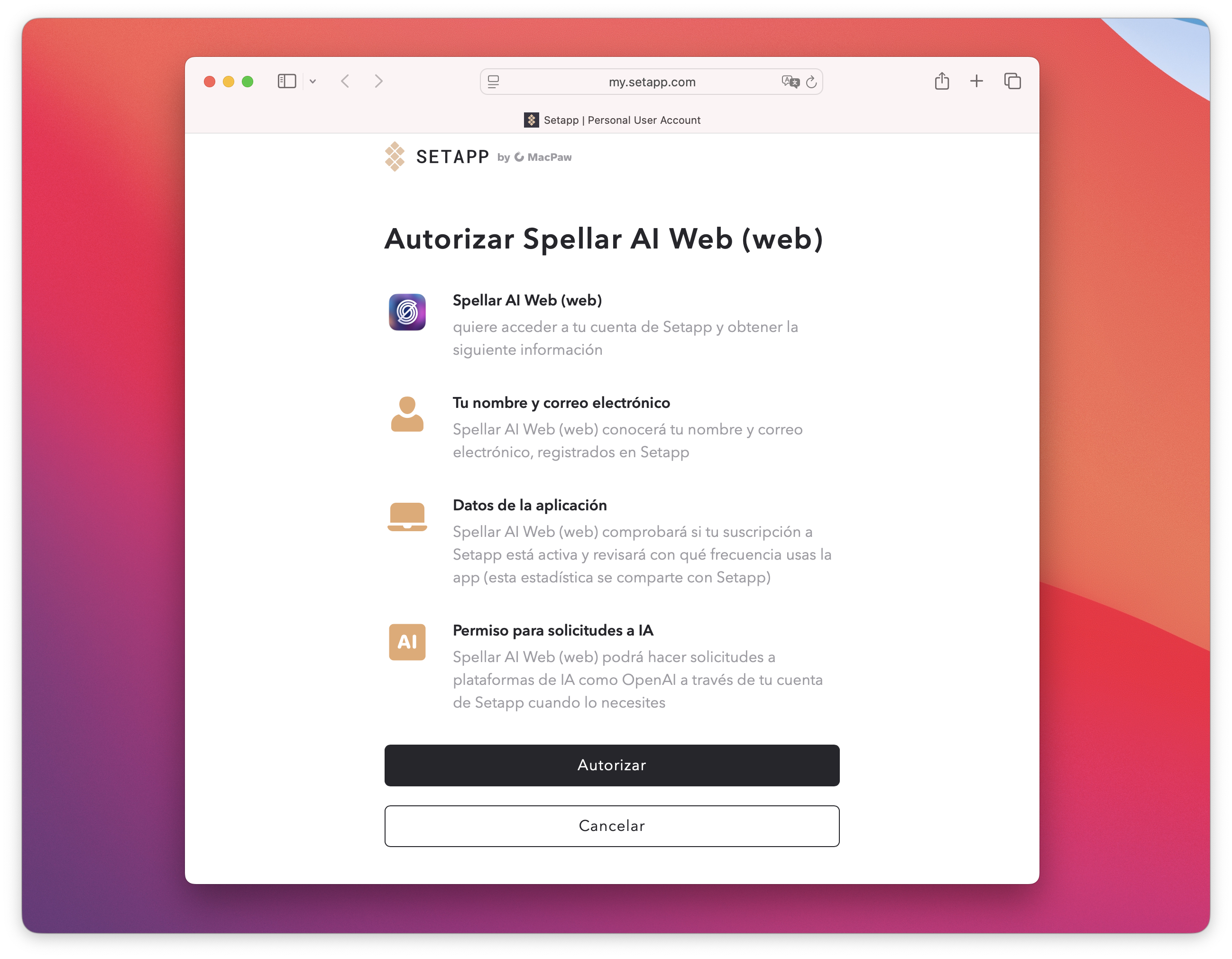 Pantalla de autorización de Setapp solicitando permiso para que Spellar AI Web acceda a los datos de la cuenta del usuario, incluido el nombre, correo electrónico y estadísticas de uso de la aplicación.