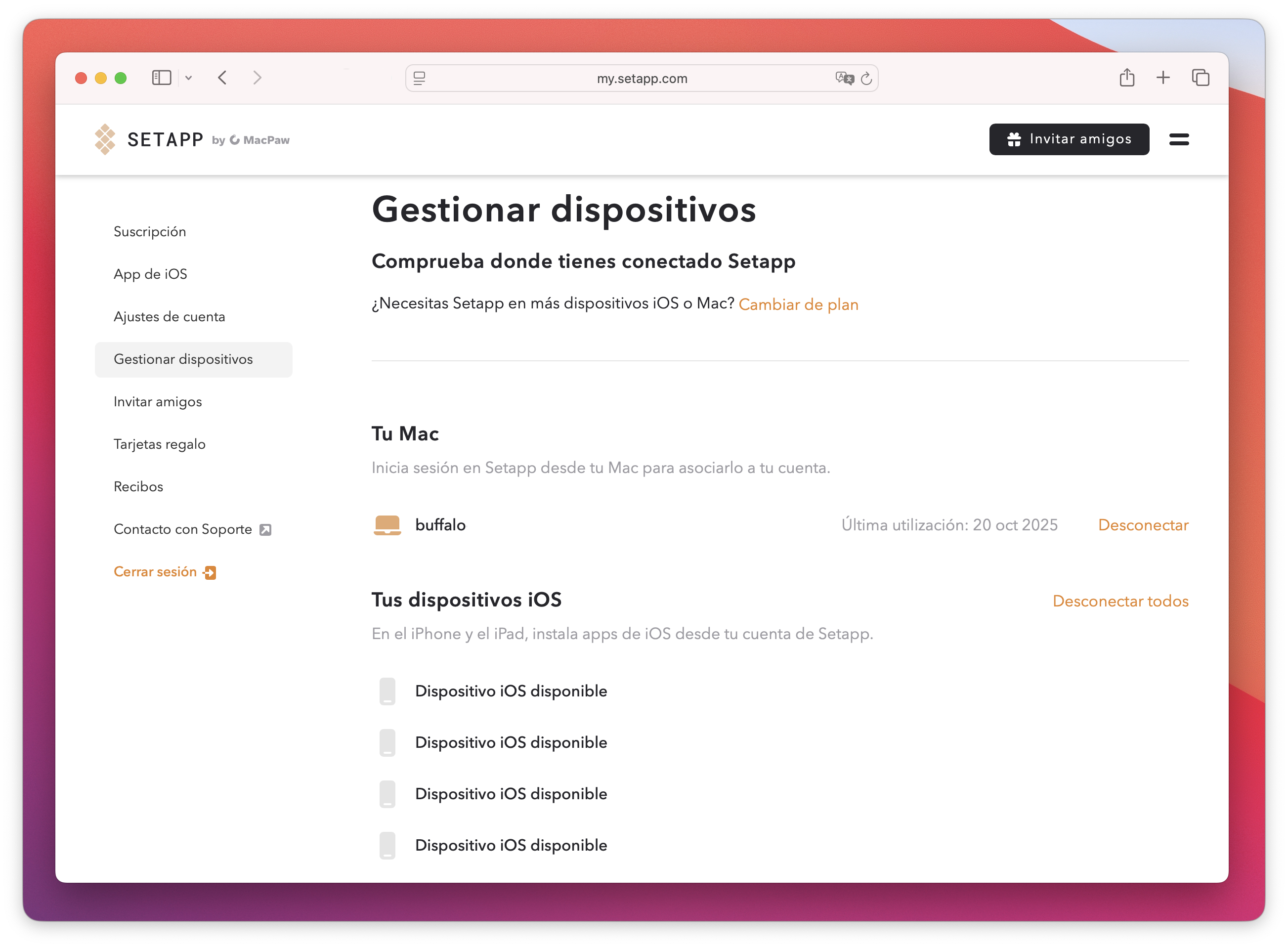 Página de gestión de dispositivos mostrando “Dispositivo iOS disponible” bajo “Tus dispositivos iOS”.