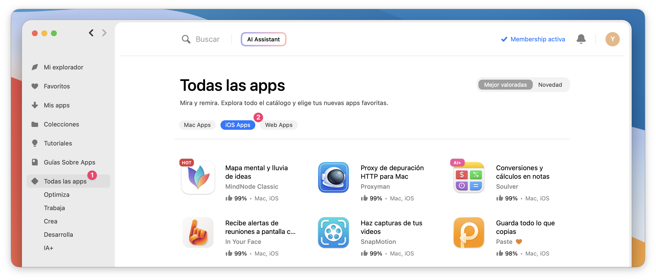 La captura de pantalla muestra la sección "Todas las apps" con el filtro de iOS seleccionado.