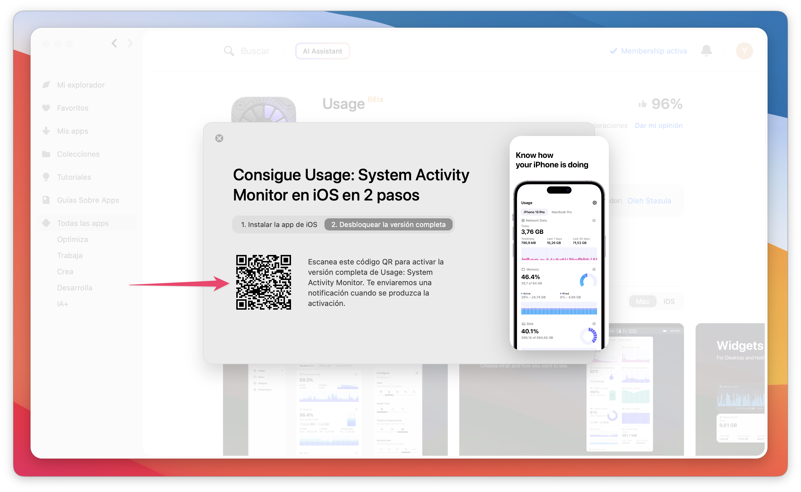 La captura de pantalla muestra el segundo paso de la configuración de Usage para iOS con un código QR para desbloquear la versión completa.