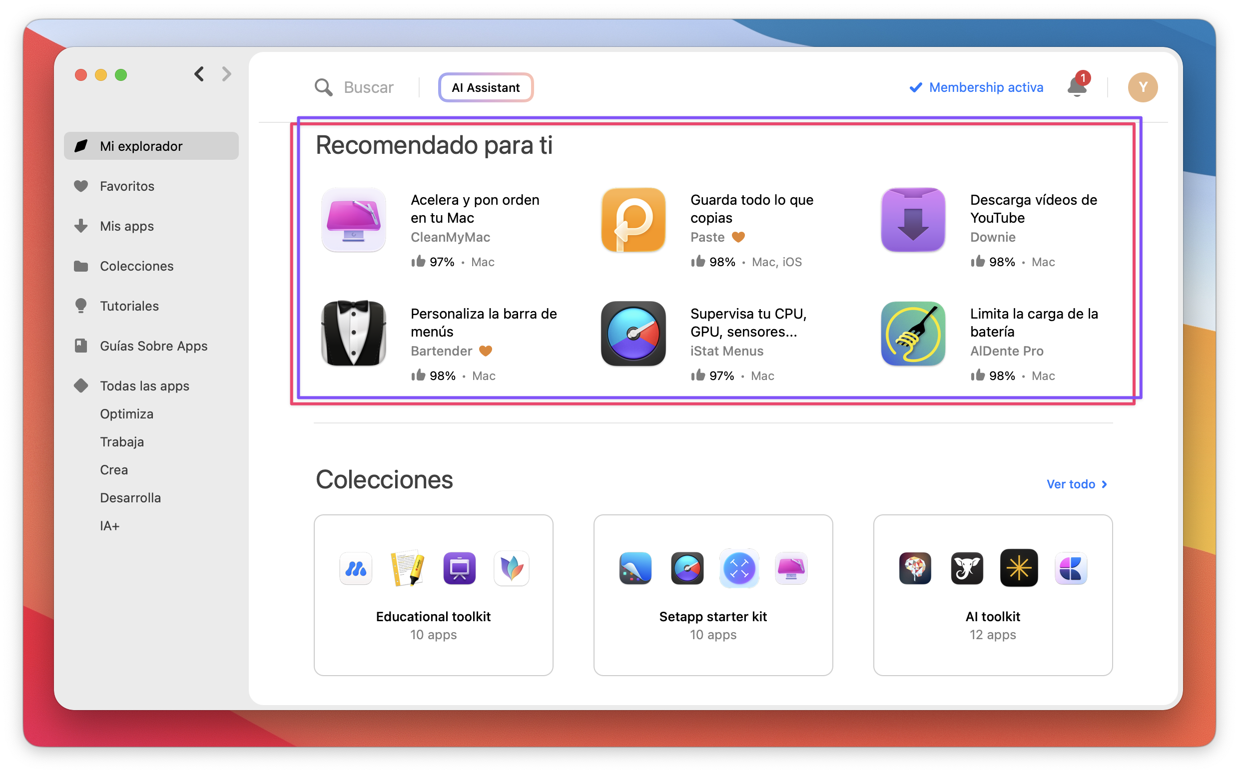 La captura muestra la sección “Recomendado para ti” destacada en la página principal, mostrando seis apps de Mac sugeridas.