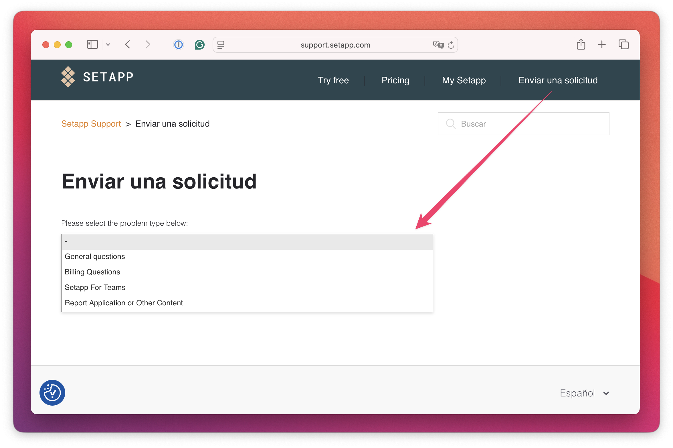 La captura muestra el formulario para enviar una solicitud de soporte, con el menú desplegable para seleccionar el tipo de problema.