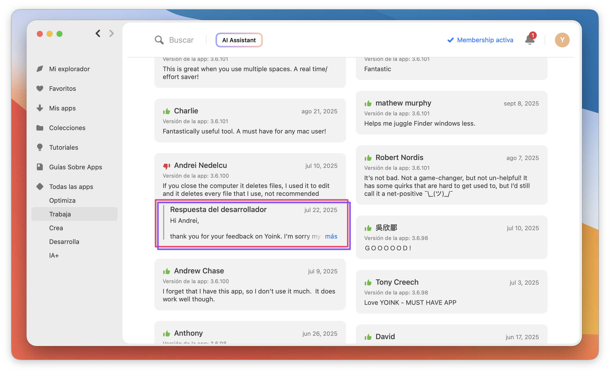 La captura muestra una respuesta del desarrollador a una reseña del usuario.