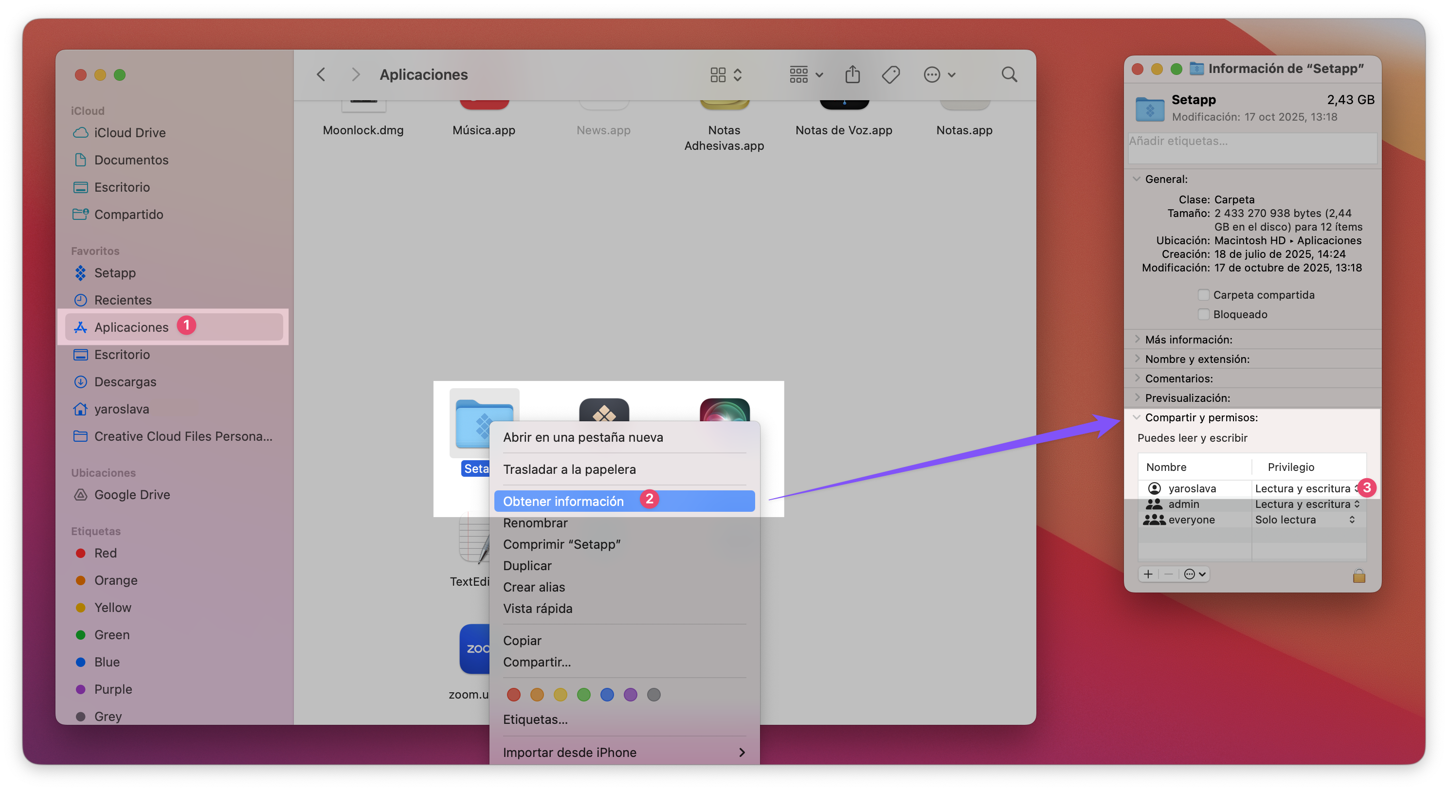 La captura muestra cómo cambiar los permisos de la carpeta en Finder abriendo el menú contextual sobre la carpeta Setapp, seleccionando "Obtener información" y ajustando los derechos en “Compartir y permisos”.