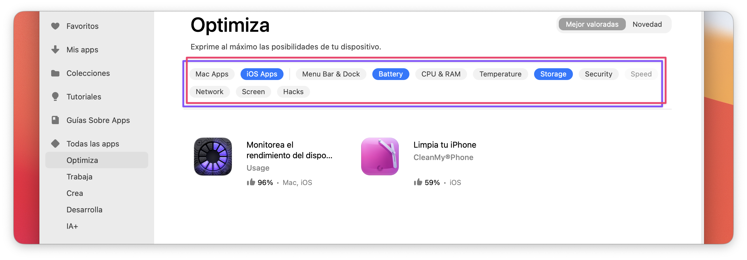 La captura muestra la sección Optimiza seleccionada en el panel lateral izquierdo. En la parte superior del área principal se destacan filtros como Mac Apps, iOS Apps, Battery, Storage y otros. Debajo aparecen dos apps con sus iconos, nombres y valoraciones.