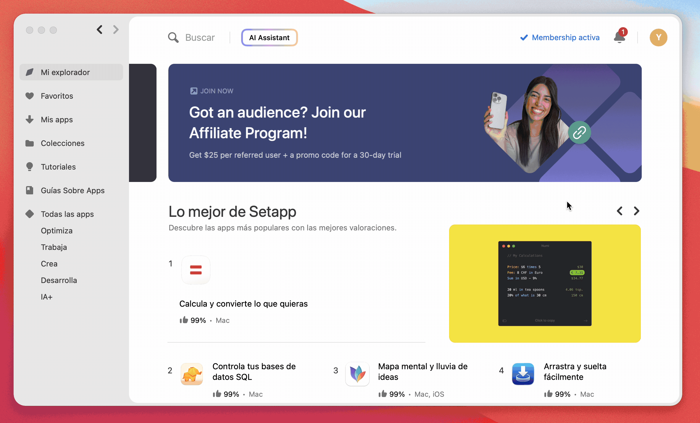 GIF animado muestra la interfaz de Setapp en español con la barra lateral resaltando la sección Mi explorador.