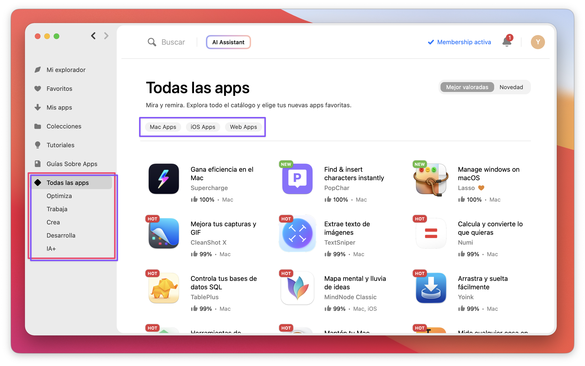 La captura muestra la sección Todas las apps abierta en el panel lateral izquierdo, con categorías visibles como Optimiza, Trabaja, Crea y otras. En la parte superior del área principal aparecen los filtros Mac Apps, iOS Apps y Web Apps, y debajo se muestran varias apps con sus iconos, nombres y valoraciones.