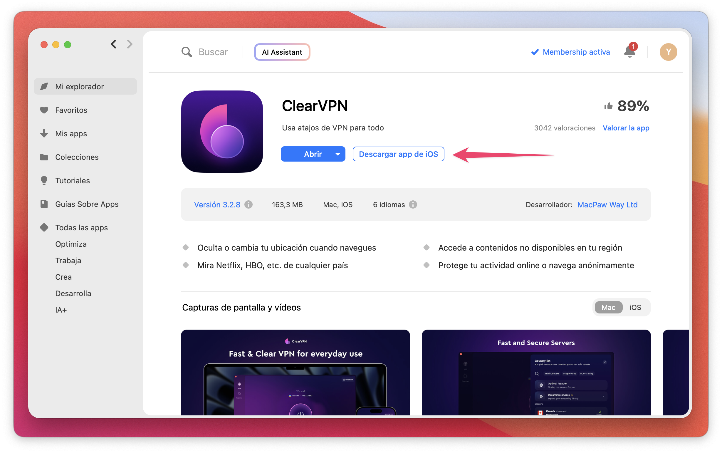La captura de pantalla muestra la ficha de una app con una flecha que señala el botón “Descargar app de iOS” junto a “Abrir”.