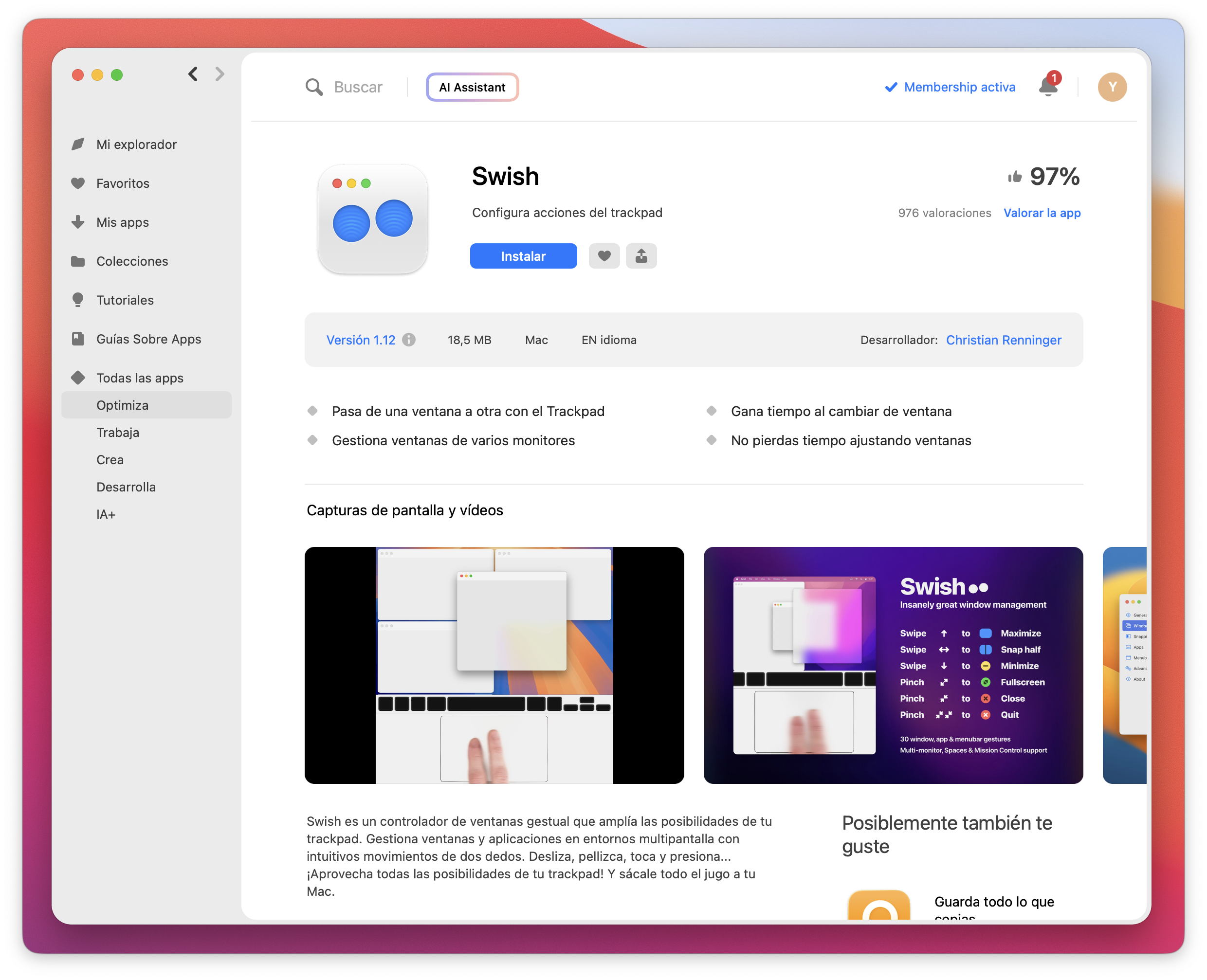 La captura muestra la página de una app llamada Swish en una tienda de aplicaciones, con el botón Instalar destacado. Debajo se muestran capturas de pantalla del funcionamiento de la app.