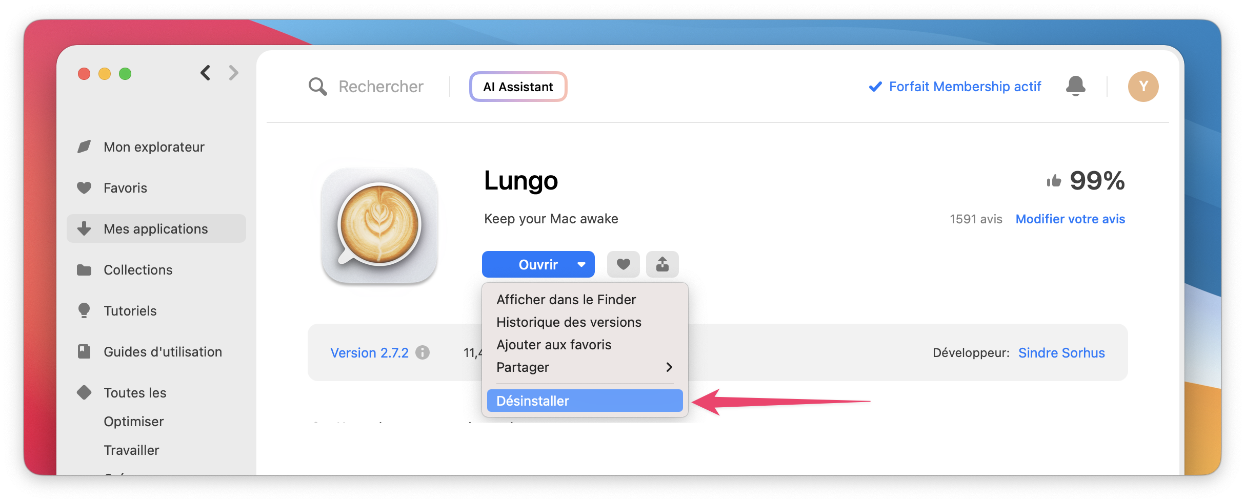 Capture d’écran montrant la fiche de l’app Lungo avec le menu contextuel ouvert, mettant en évidence l’option « Désinstaller ».
