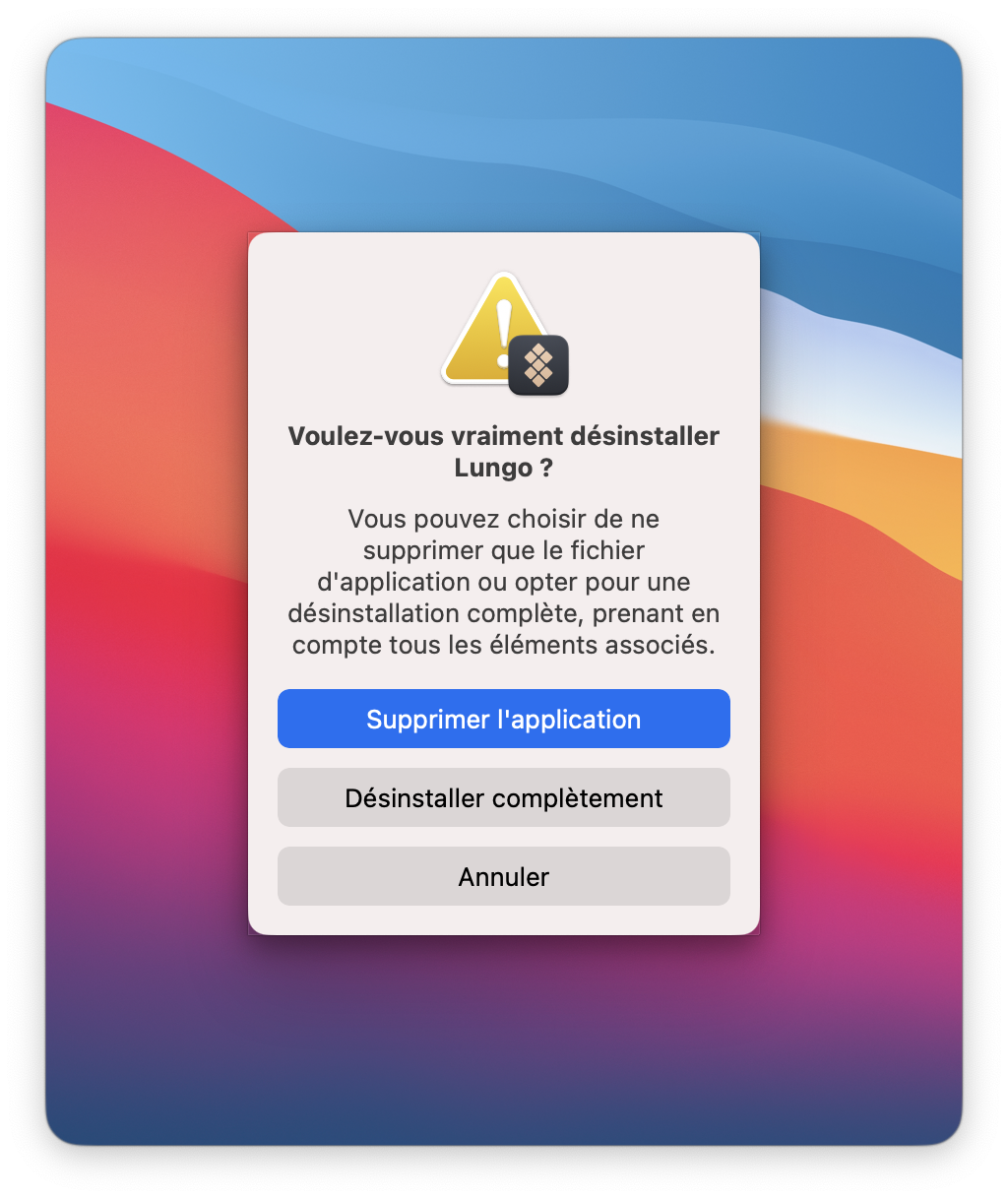 Une fenêtre de confirmation affiche une icône d’avertissement, un message concernant la désinstallation d’une app, ainsi que trois boutons : Supprimer l'application, Désinstaller complètement et Annuler.