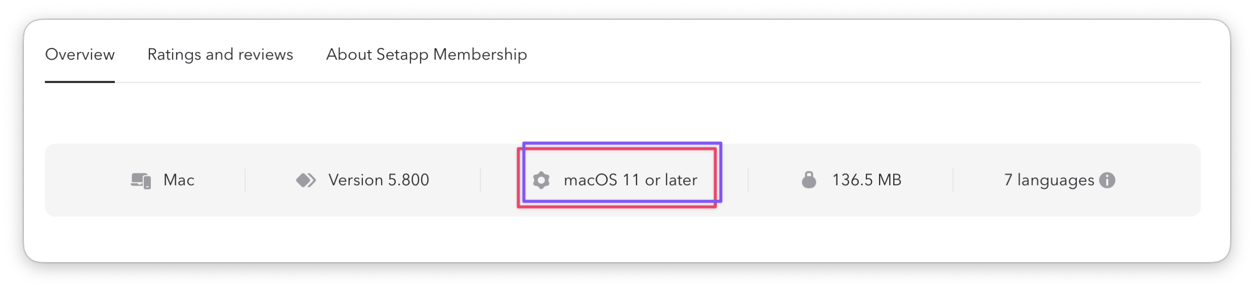 The screenshot shows a highlighted requirement label displaying macOS 11 or later within the Overview section.