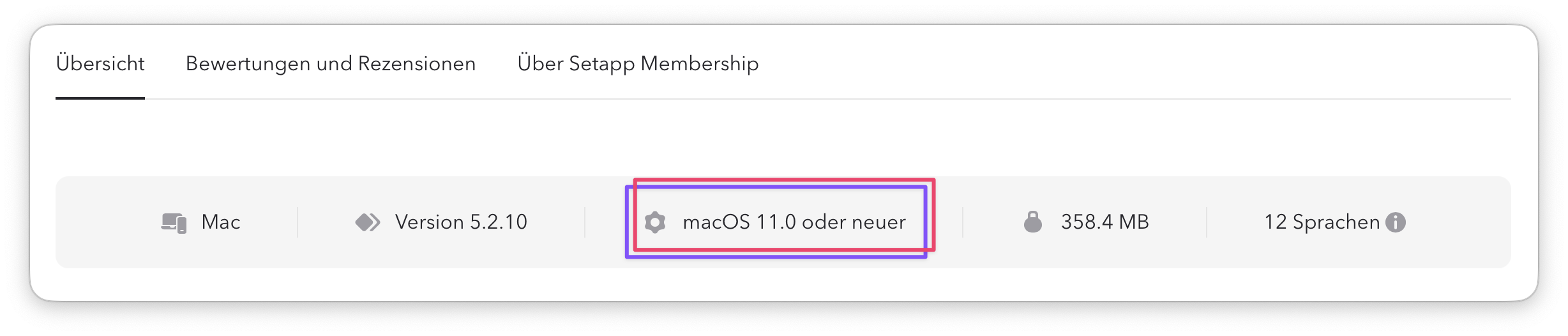 Der hervorgehobene Bereich zeigt die Systemanforderung macOS 11.0 oder neuer.