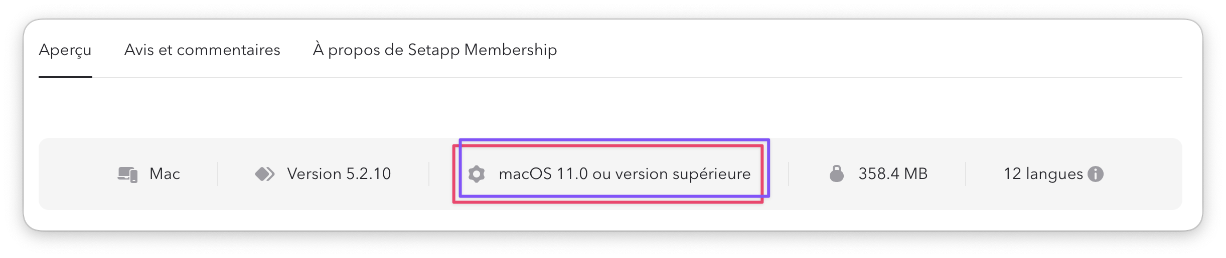 La zone encadrée met en évidence l’exigence système macOS 11.0 ou version supérieure.