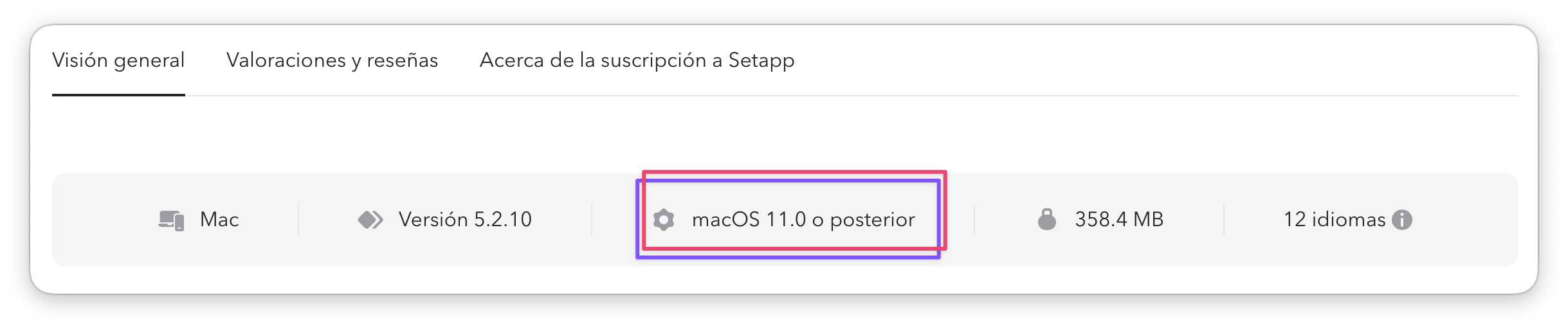 La zona resaltada muestra el requisito del sistema macOS 11.0 o posterior.