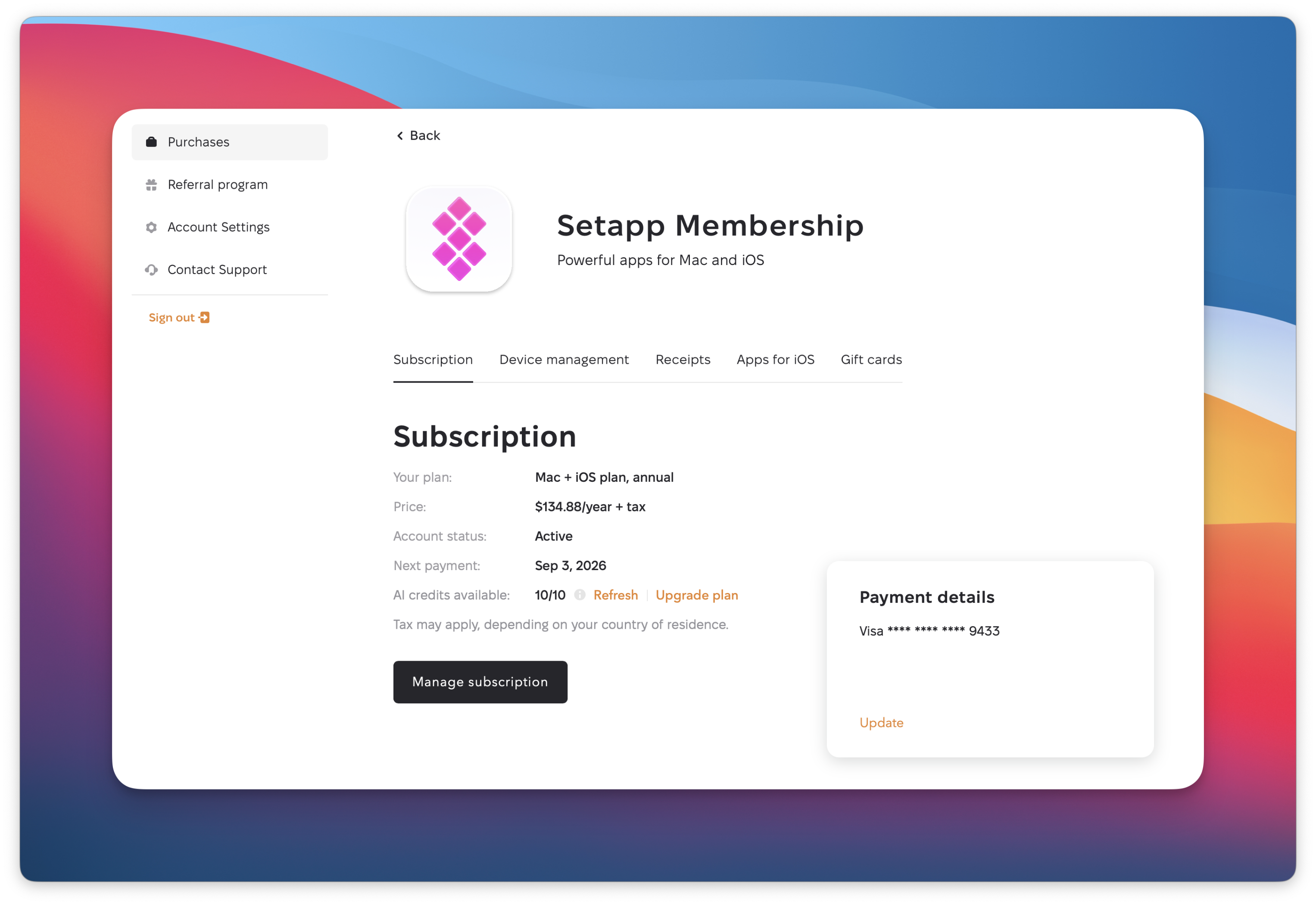 Screenshot showing the "My Setapp" account page in a web browser, with the "Purchases" tab selected on the left. 