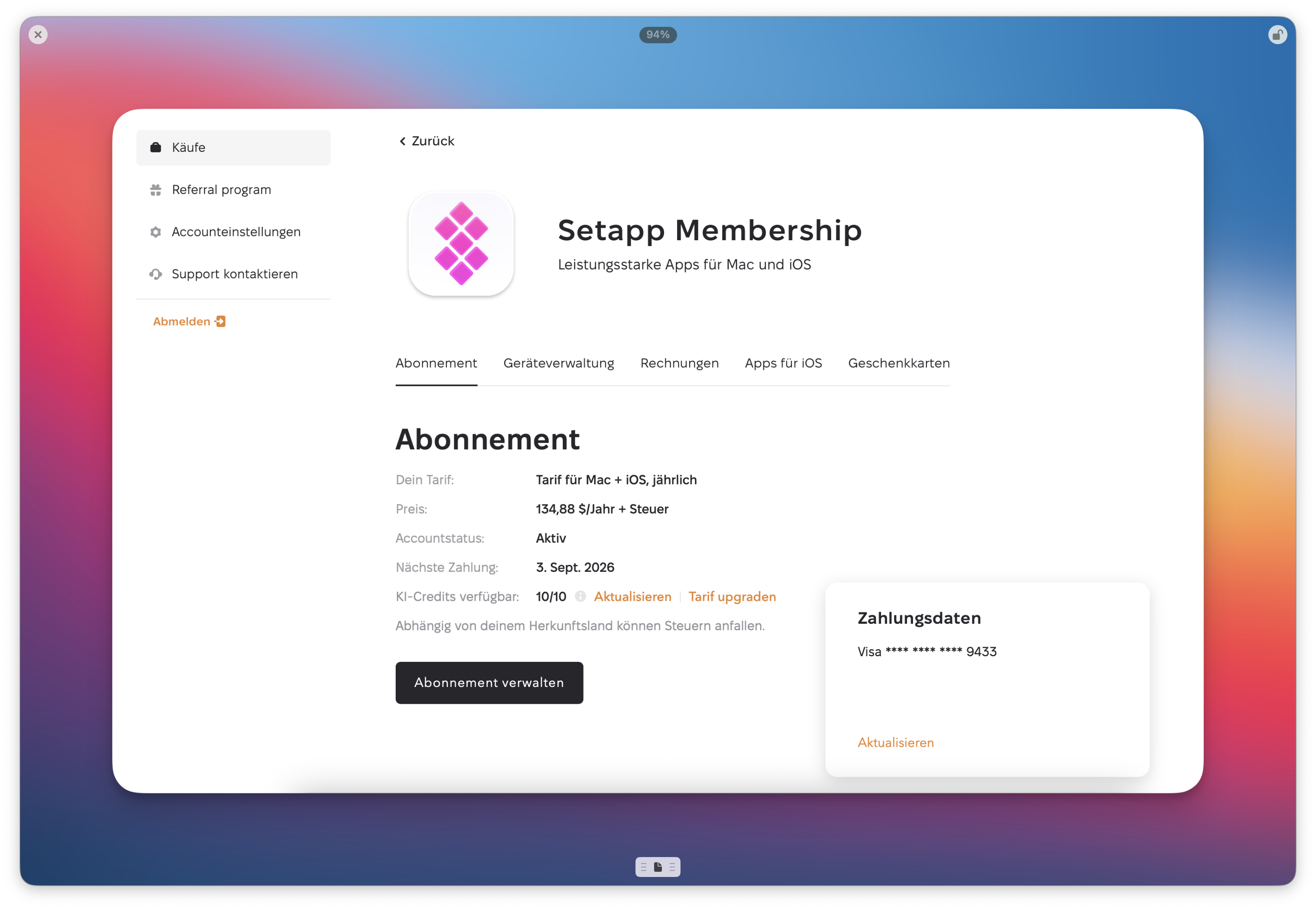 Das Fenster zeigt die Setapp-Webseite mit geöffneter Käufe-Seite.