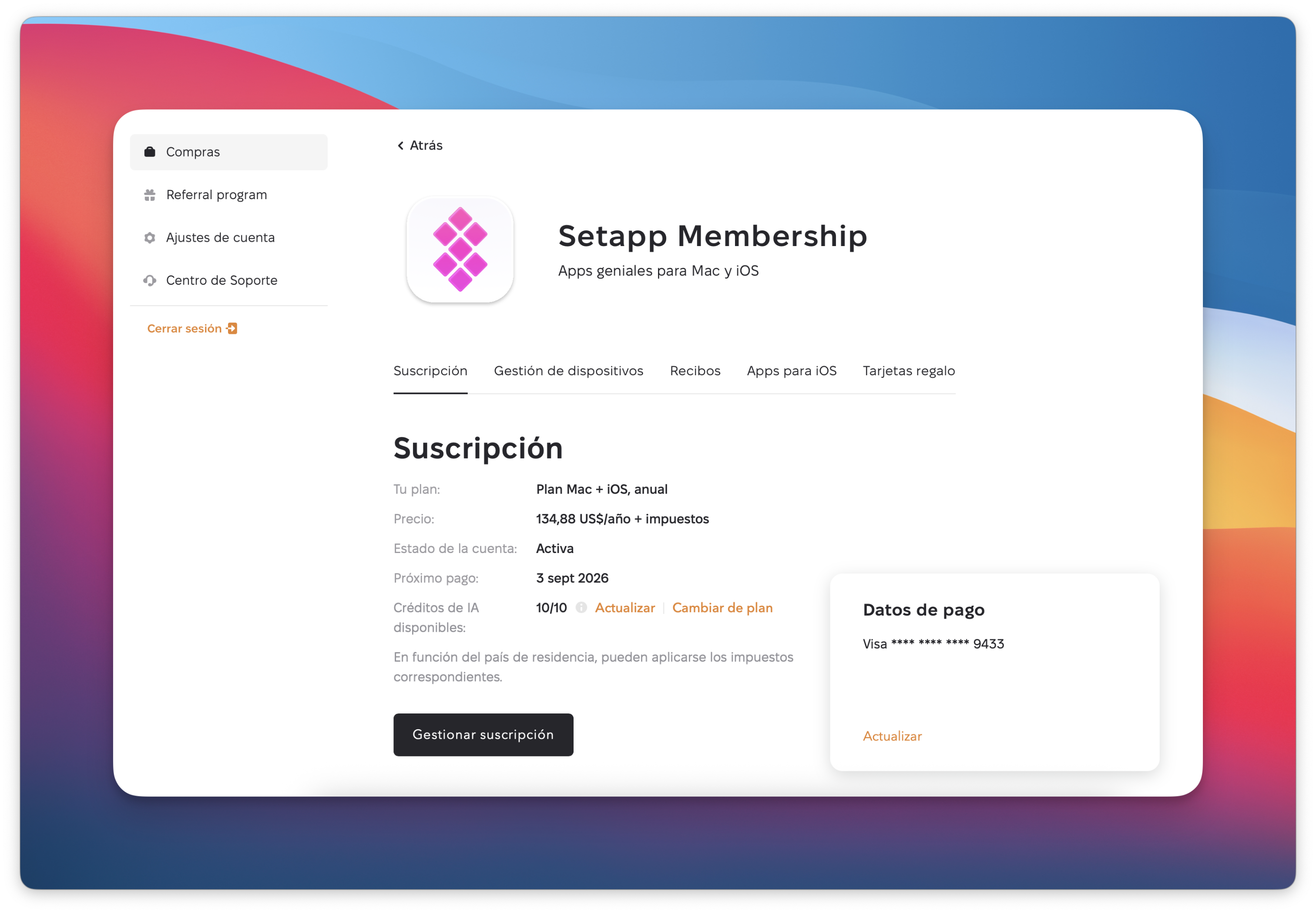 La pantalla muestra la página Setapp Membership con la pestaña Suscripción seleccionada, donde se ve un plan Mac + iOS anual activo, el precio, la fecha del próximo pago y los créditos de IA disponibles. También se muestran el botón Gestionar suscripción y el panel Datos de pago con una tarjeta Visa enmascarada y la opción Actualizar.