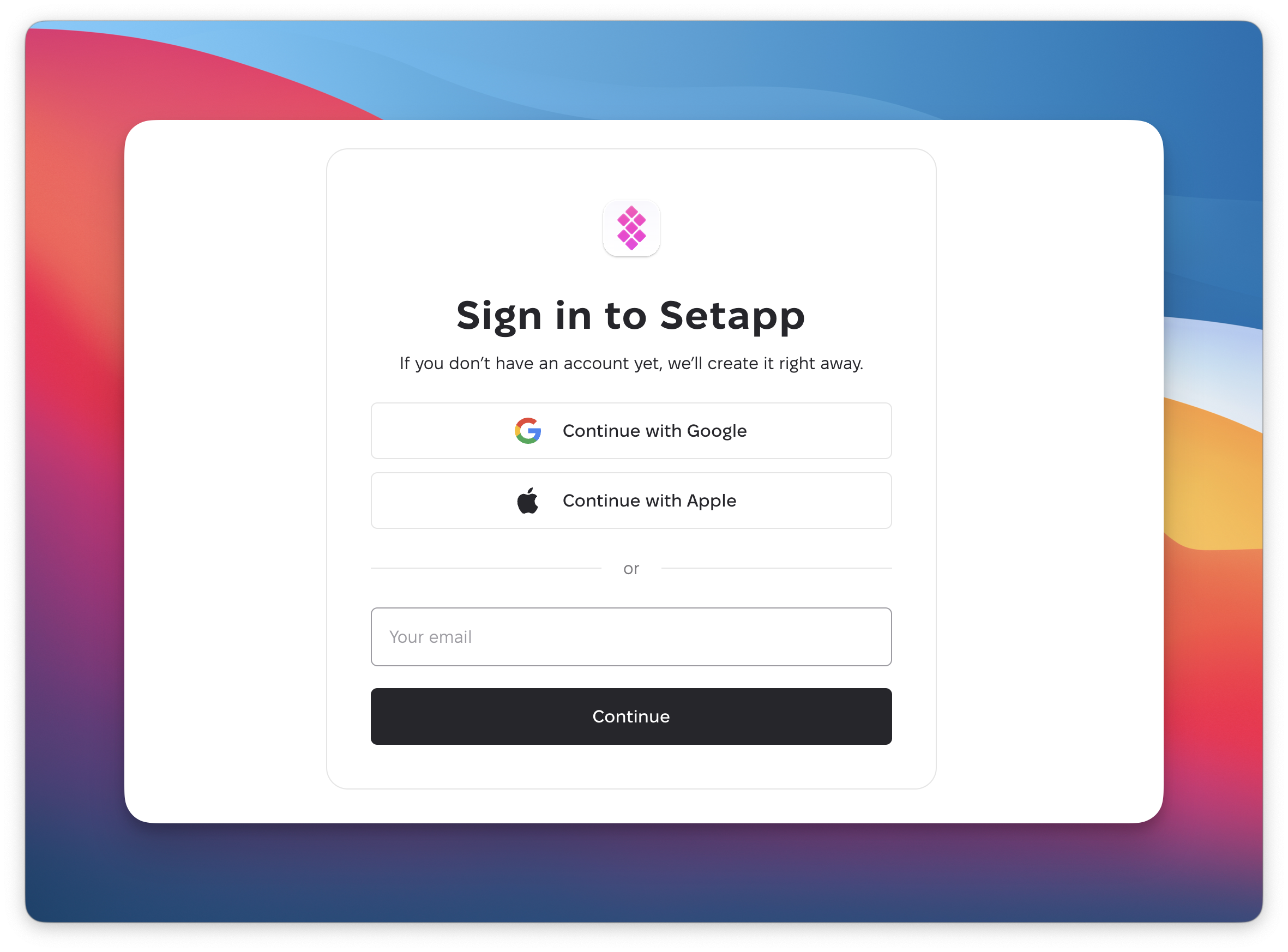 Setapp sign-in screen with options to continue using Google or Apple, or enter an email address and click Continue.