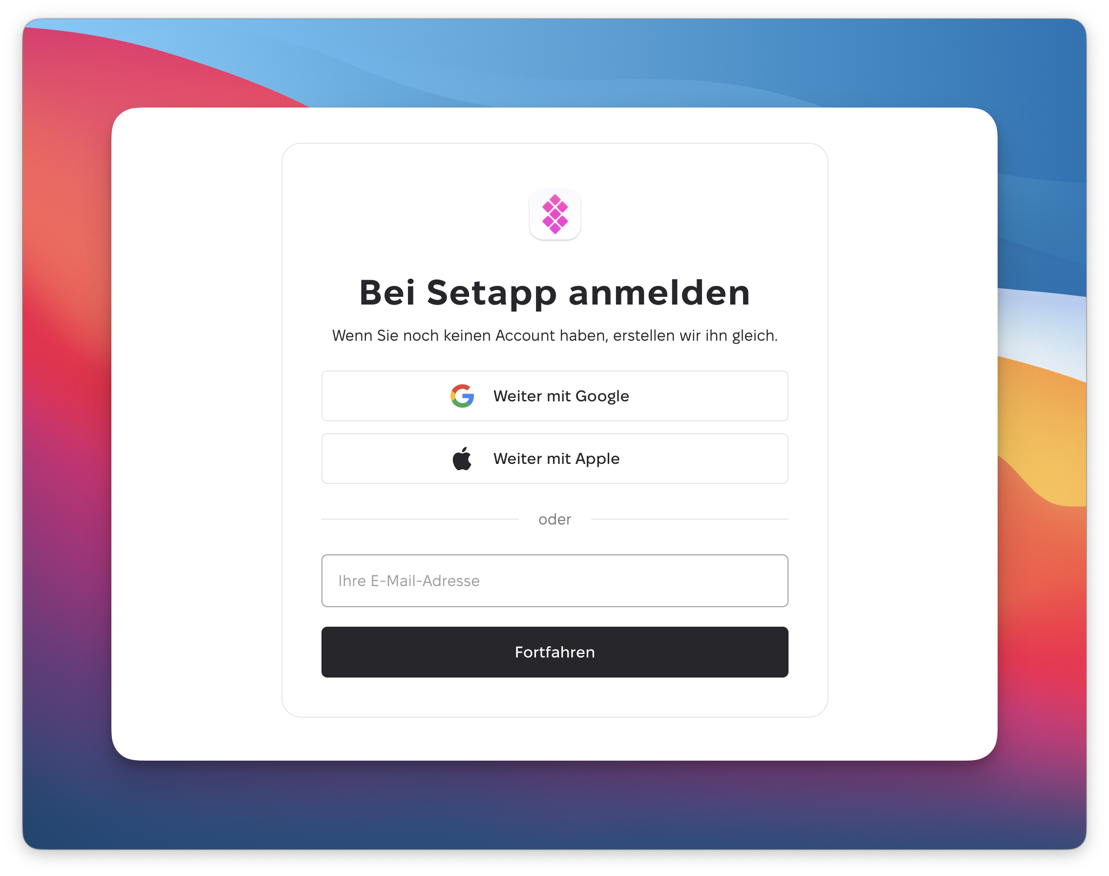 **„Anmeldebildschirm von Setapp auf Deutsch mit Optionen zur Anmeldung über Google oder Apple.“**