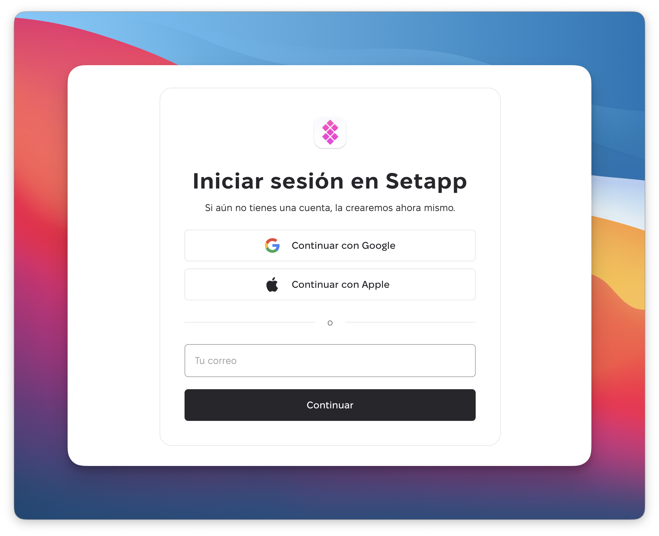 **« Pantalla de inicio de sesión de Setapp en español con opciones para continuar con Google o Apple. »**