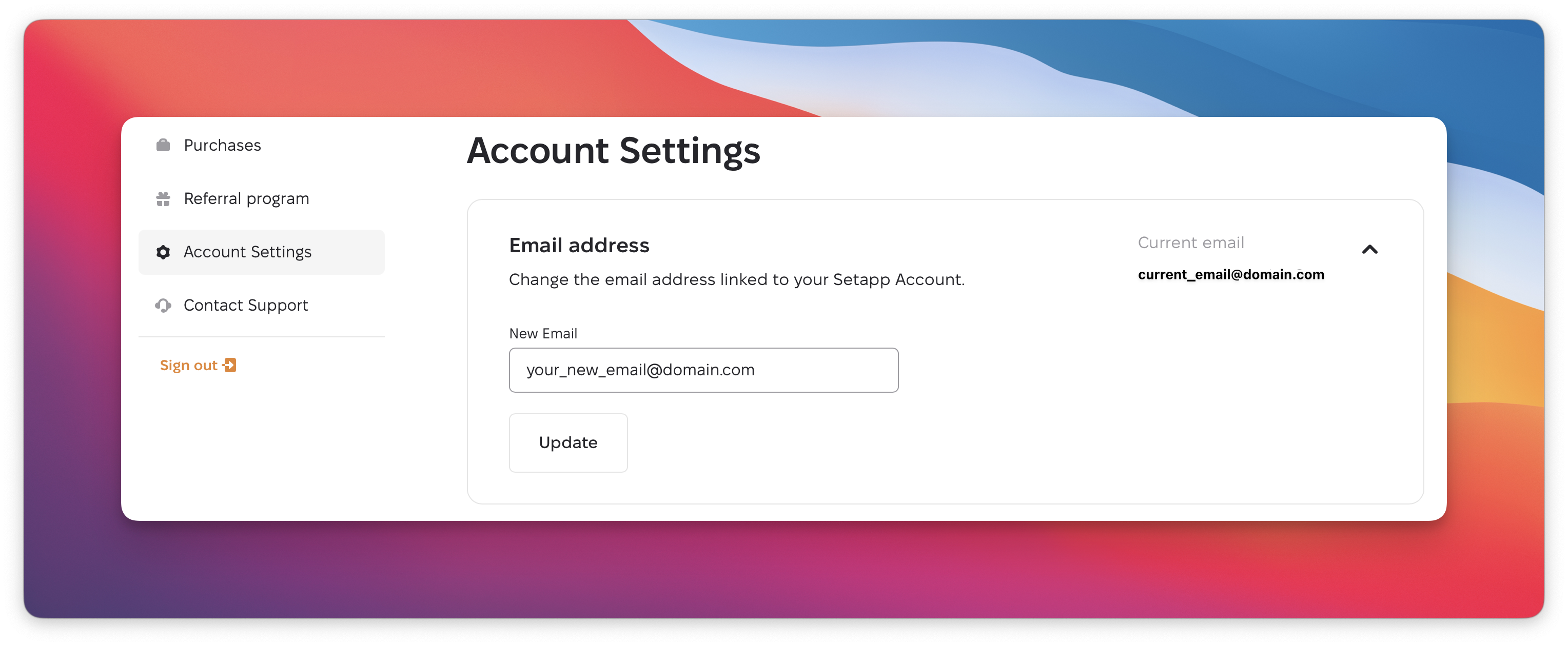 The screenshot shows the Account Settings page with the Email address section expanded, displaying the current email, a New Email input field, and an Update button for changing the email address.