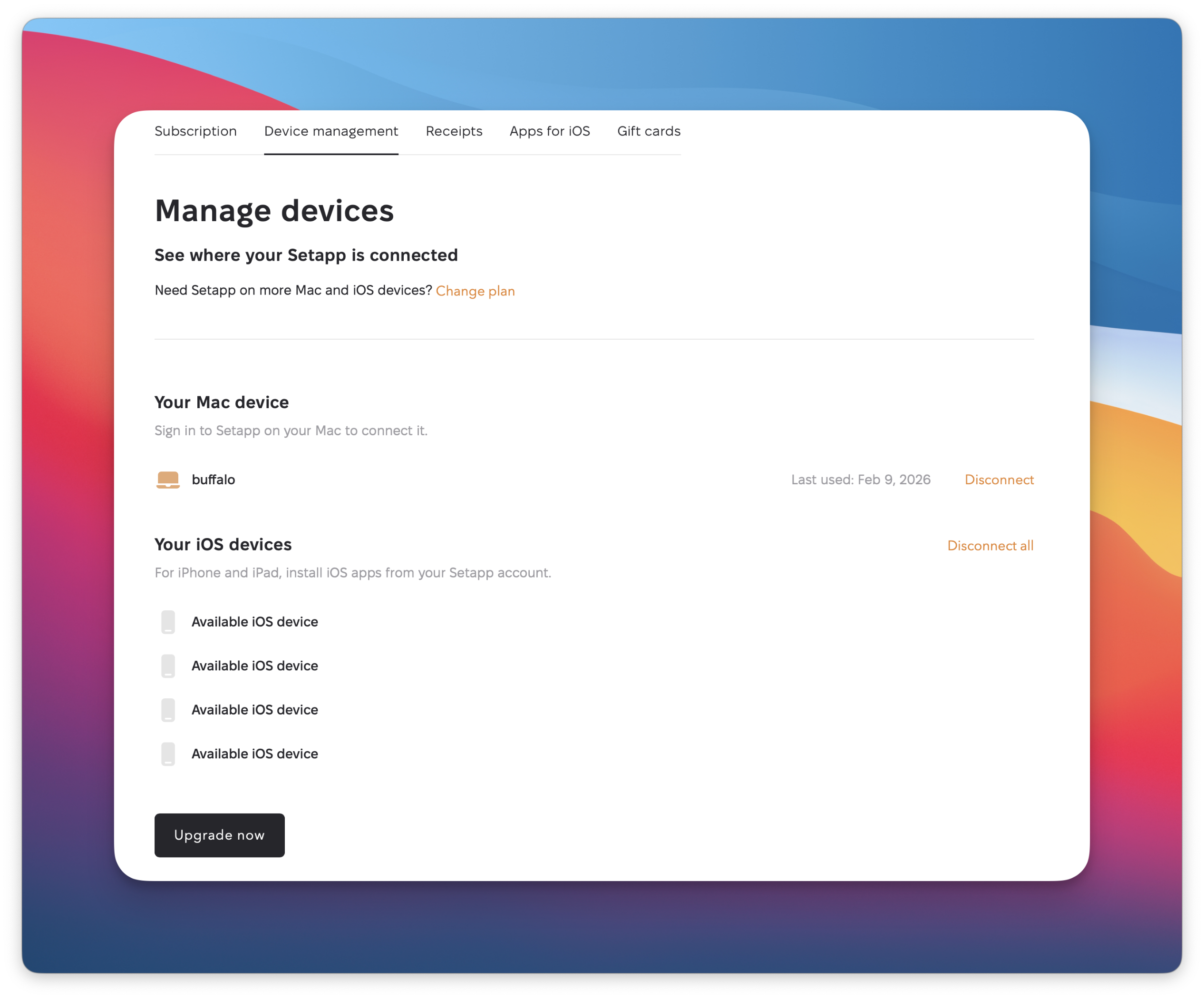 The screenshot shows the Manage devices page with the Device management tab selected, listing a connected Mac device and available iOS devices.
