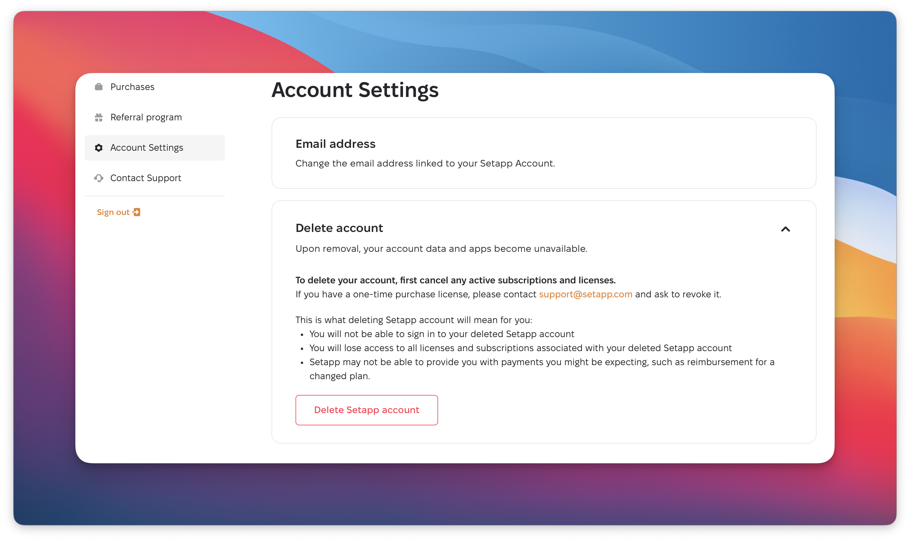 The screenshot shows the Account Settings page with the Delete account section expanded, explaining the consequences of account removal and displaying the Delete Setapp account button at the bottom.