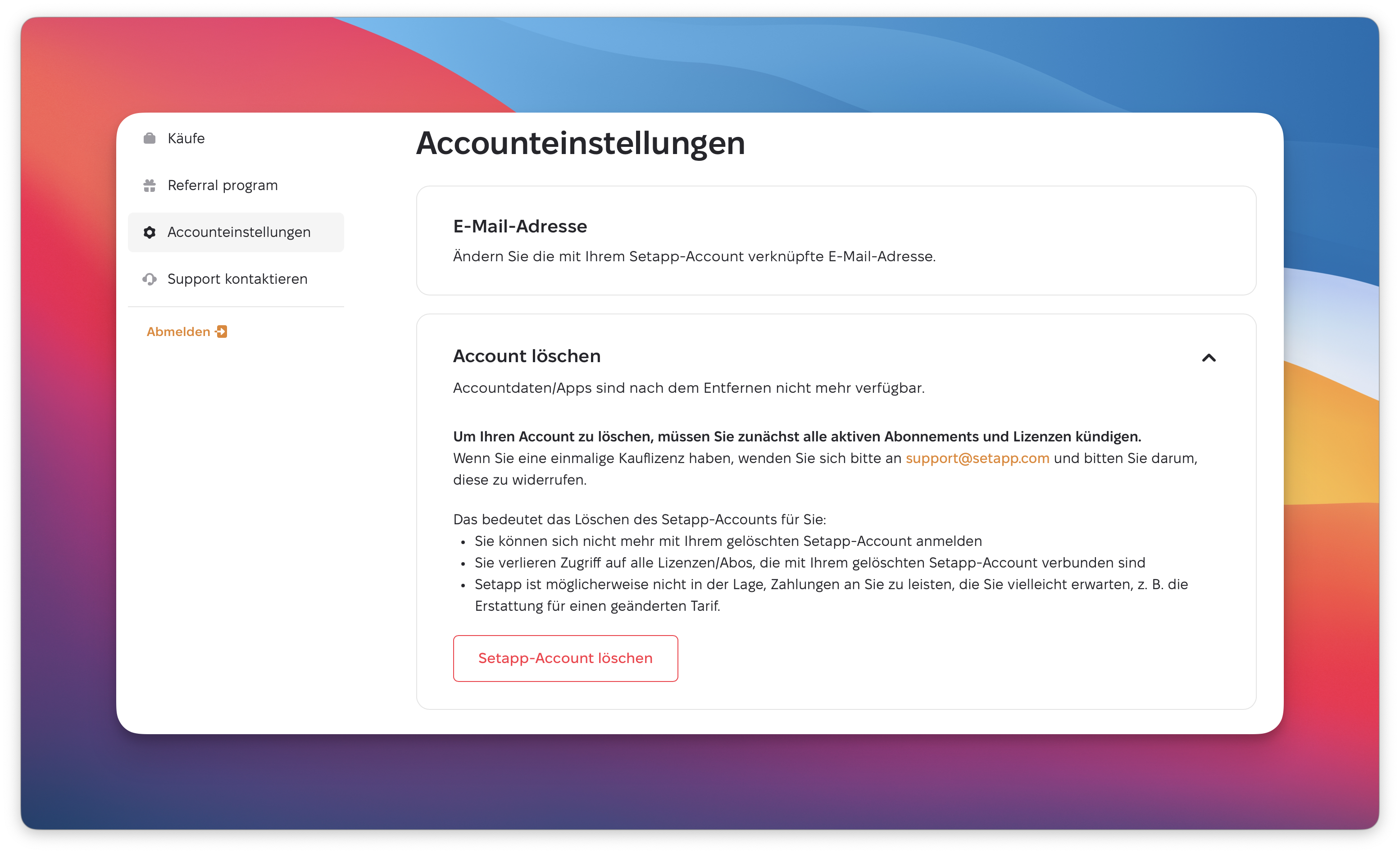 Screenshot der Accounteinstellungen im Setapp-Account. Der Bereich „Account löschen“ ist geöffnet und zeigt Informationen zu den Folgen der Account-Löschung sowie die Schaltfläche „Setapp-Account löschen“.