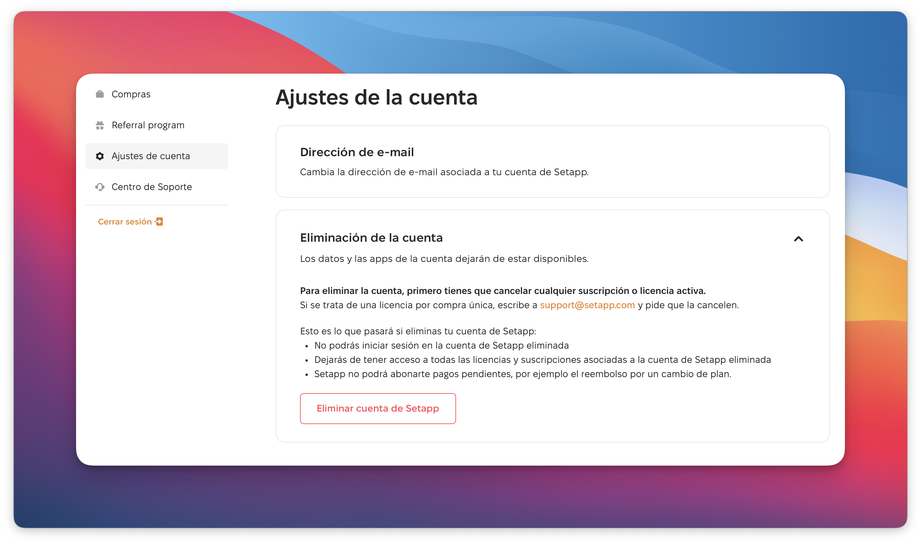 La captura muestra la sección Ajustes de la cuenta con el panel Eliminación de la cuenta desplegado, donde se explica qué ocurre al eliminar la cuenta y se indican los requisitos previos. En la parte inferior aparece el botón Eliminar cuenta de Setapp para completar la acción.