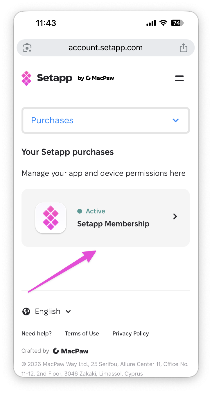 The screenshot shows the Setapp account page with the Purchases section open and an active Setapp Membership card highlighted by a pink arrow.