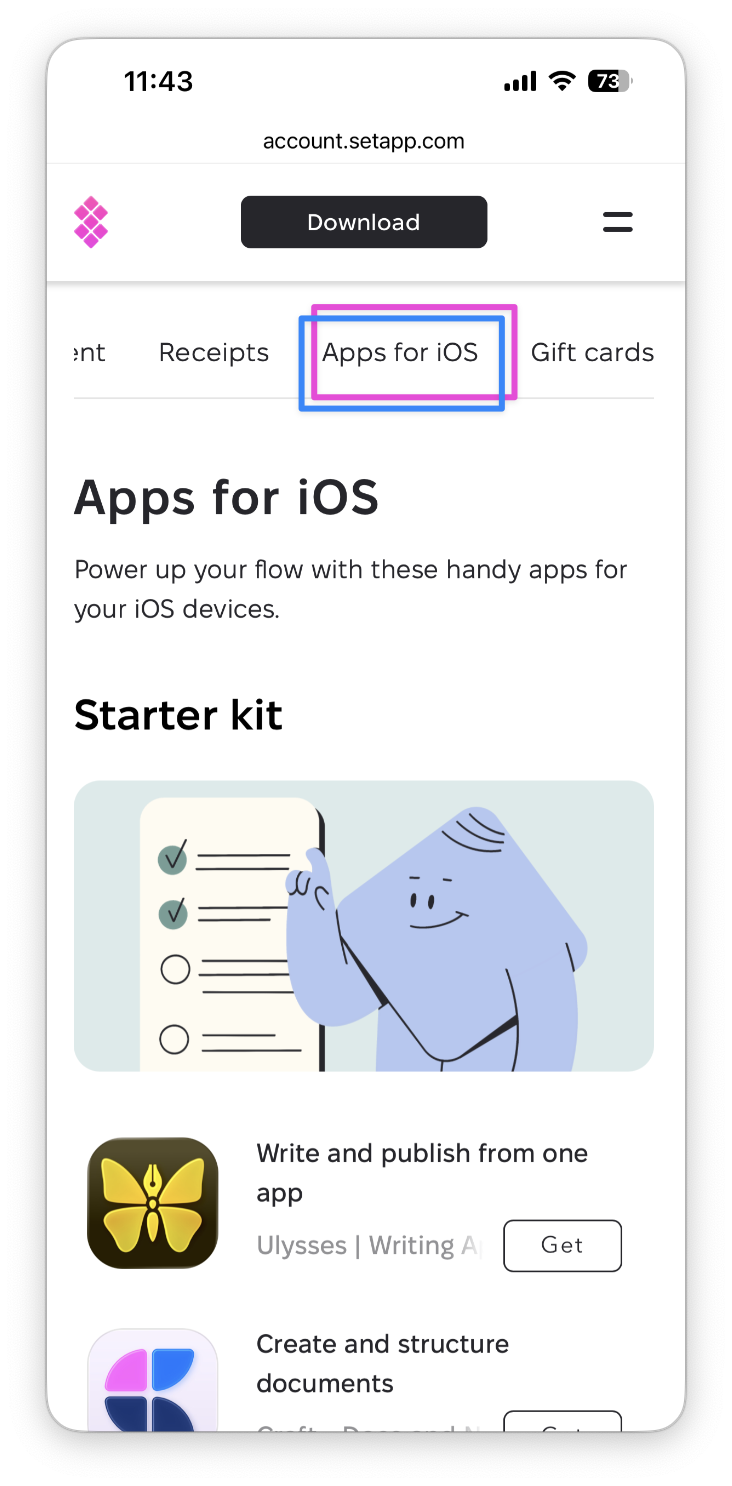 The screenshot shows the Apps for iOS tab highlighted in the navigation bar, indicating it is selected.