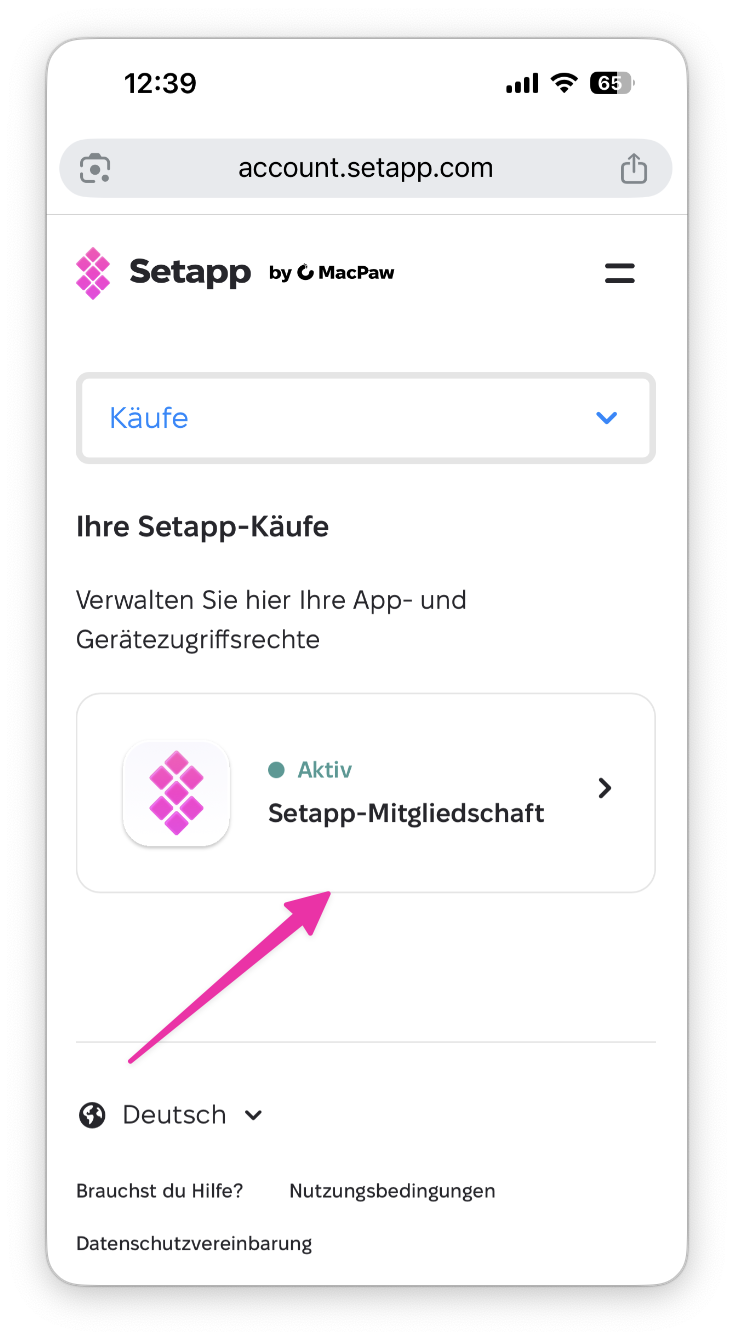 Die Ansicht zeigt die Seite Käufe mit dem Abschnitt Ihre Setapp-Käufe und einer aktiven Setapp-Mitgliedschaft, markiert mit Aktiv und durch einen pinken Pfeil hervorgehoben.